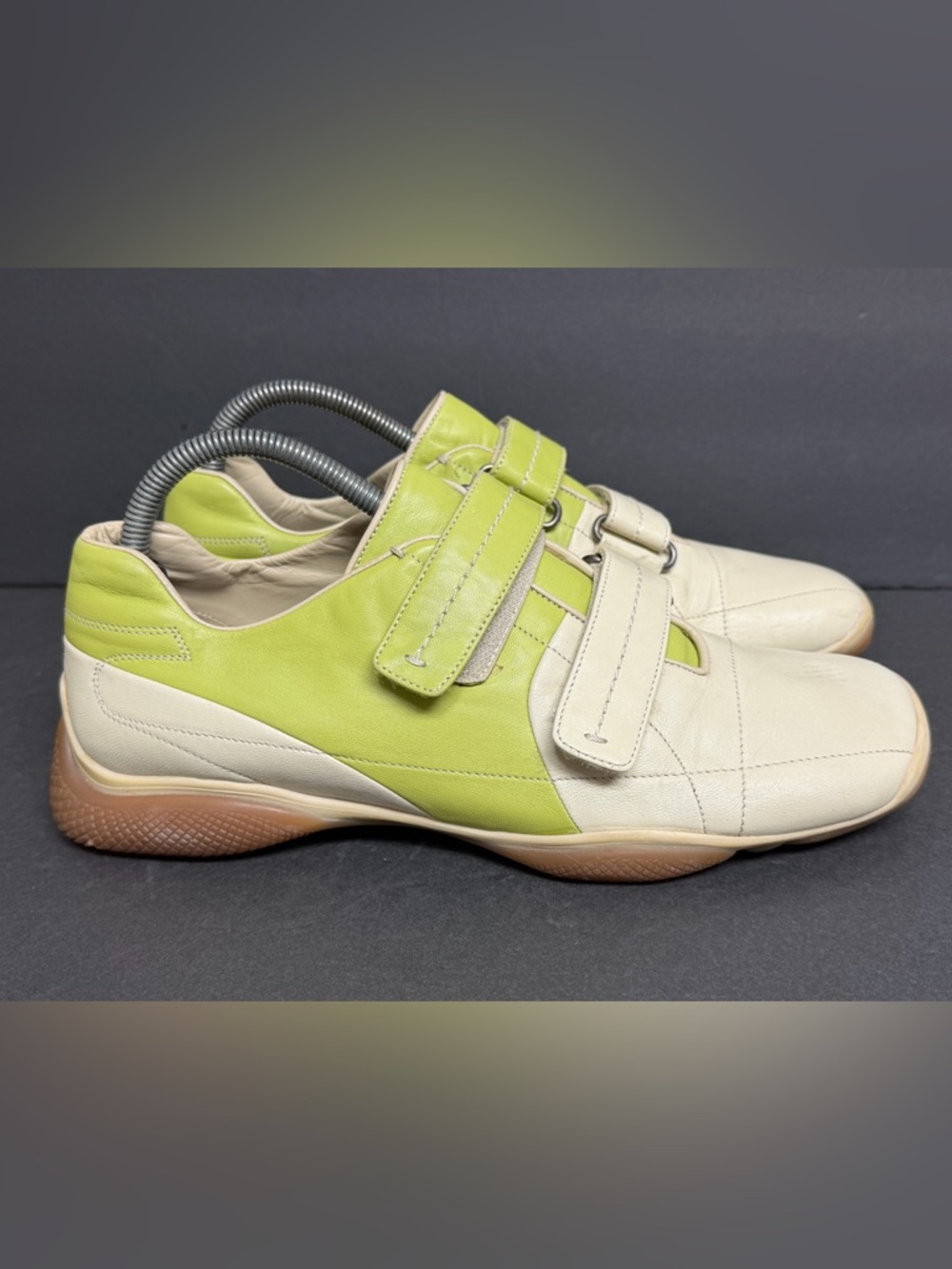 PRADA Sneakers 2 Straps AMERICAS CUP ORIGINAL Lime Tan Leather Size 8 EU 41 RARE - Picture 2 of 10